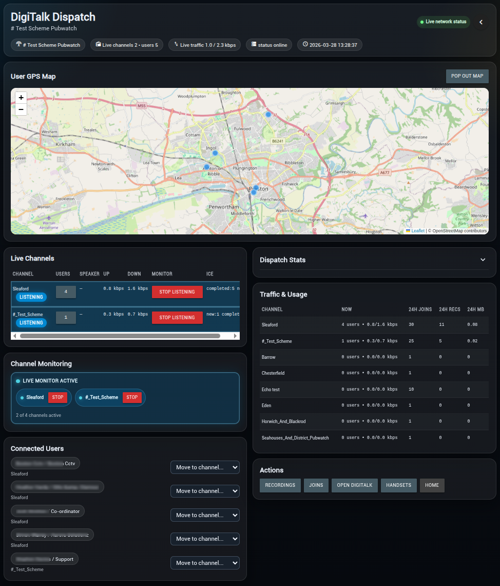 Schemelink DigiTalk Dispatch Console with live channels, map and dispatch controls